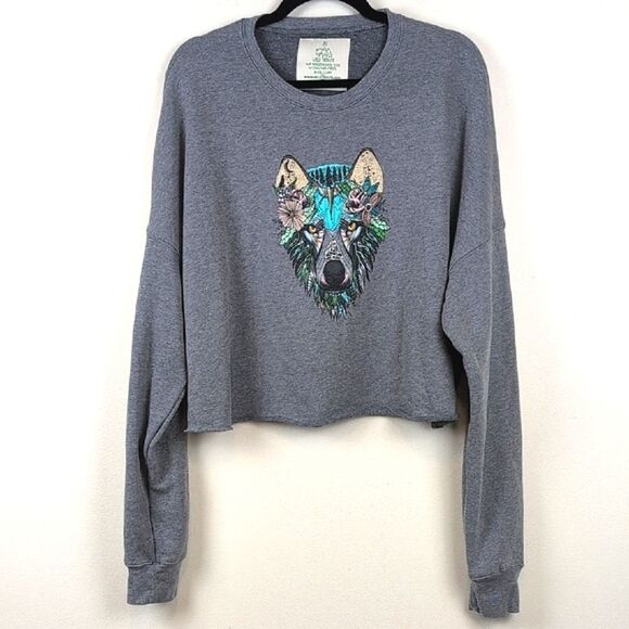 Wild Tribute Boho Wolf Gray Crop Crew Sweatshirt Size XL - Picture 2 of 10